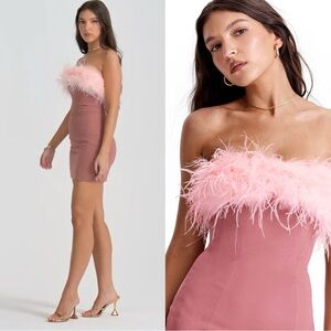 House of CB Pink Feather-Trim Strapless Mini Dress